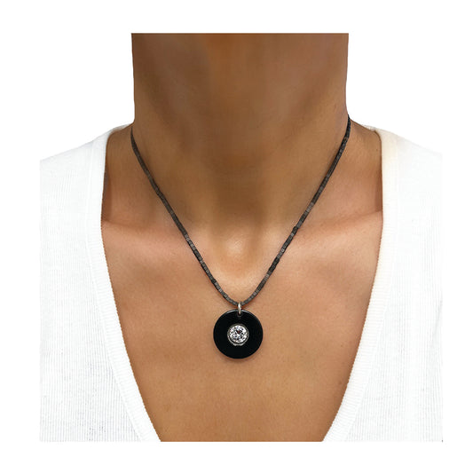 round washer solitaire hematite necklace - black