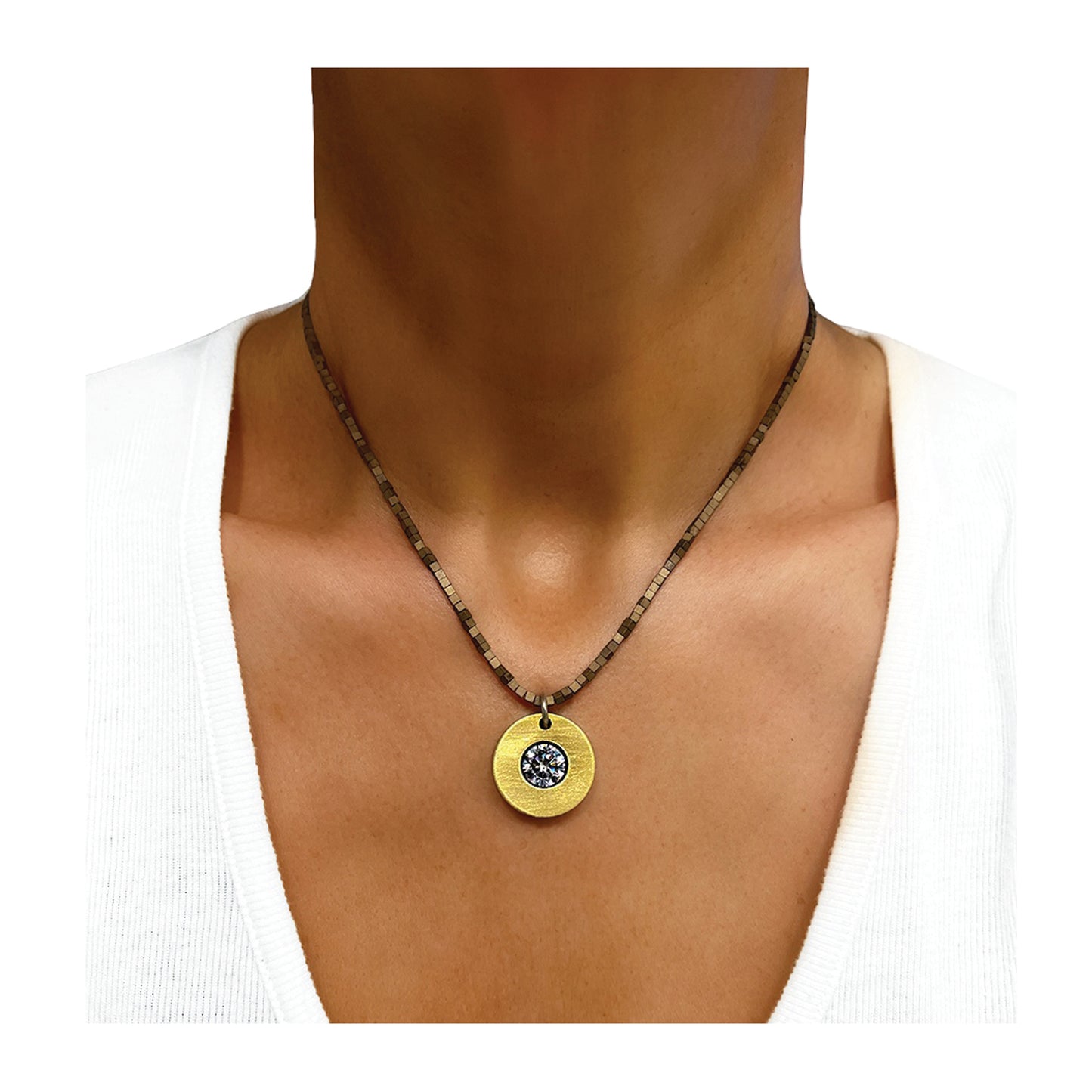 round washer solitaire hematite necklace - brass