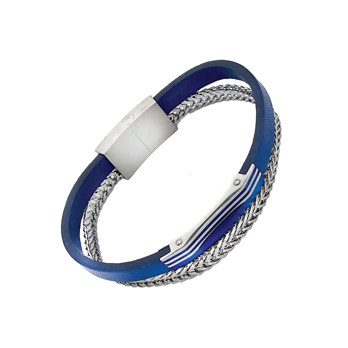 2 strand leather and stainless steel bracelet - blue