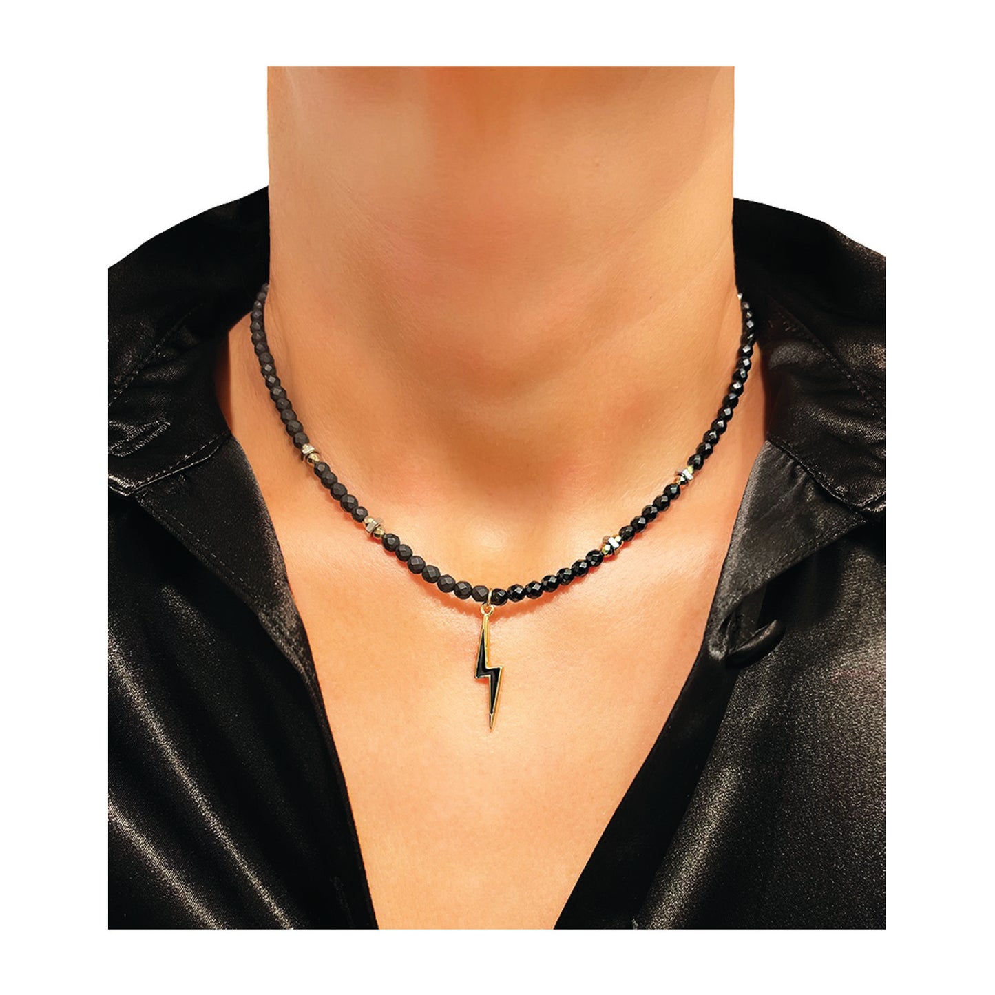 nut and bolt gemstone necklace - onyx