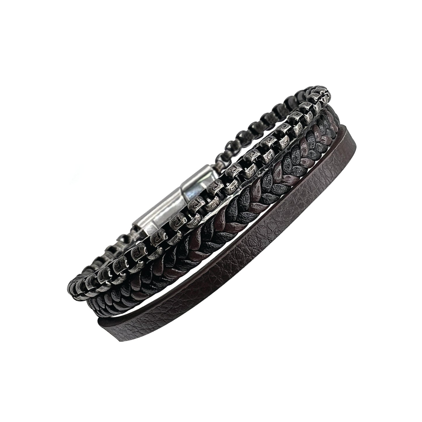 3 strand leather and stainless steel bracelet - brown/black