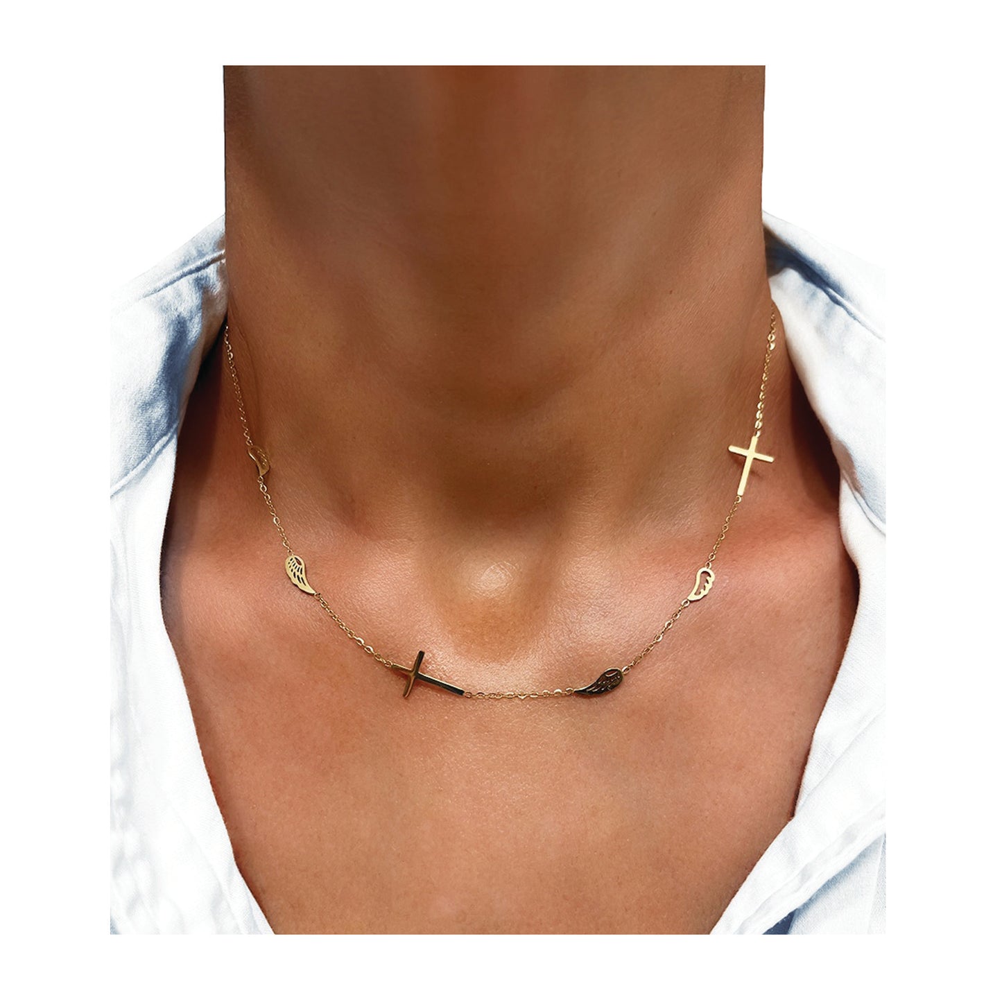 cross with angel wings dainty necklace