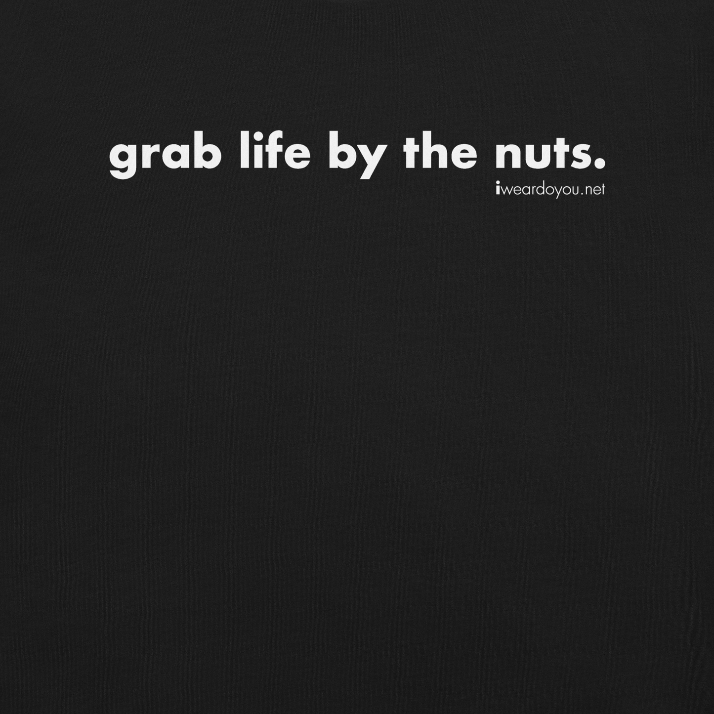 Black background with white text 'grab life by the nuts.' and a website URL.