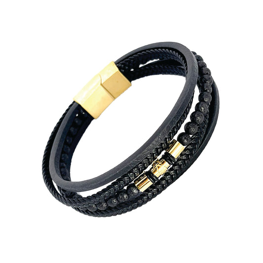 multi strand leather, stainless steel and lava stone bracelet