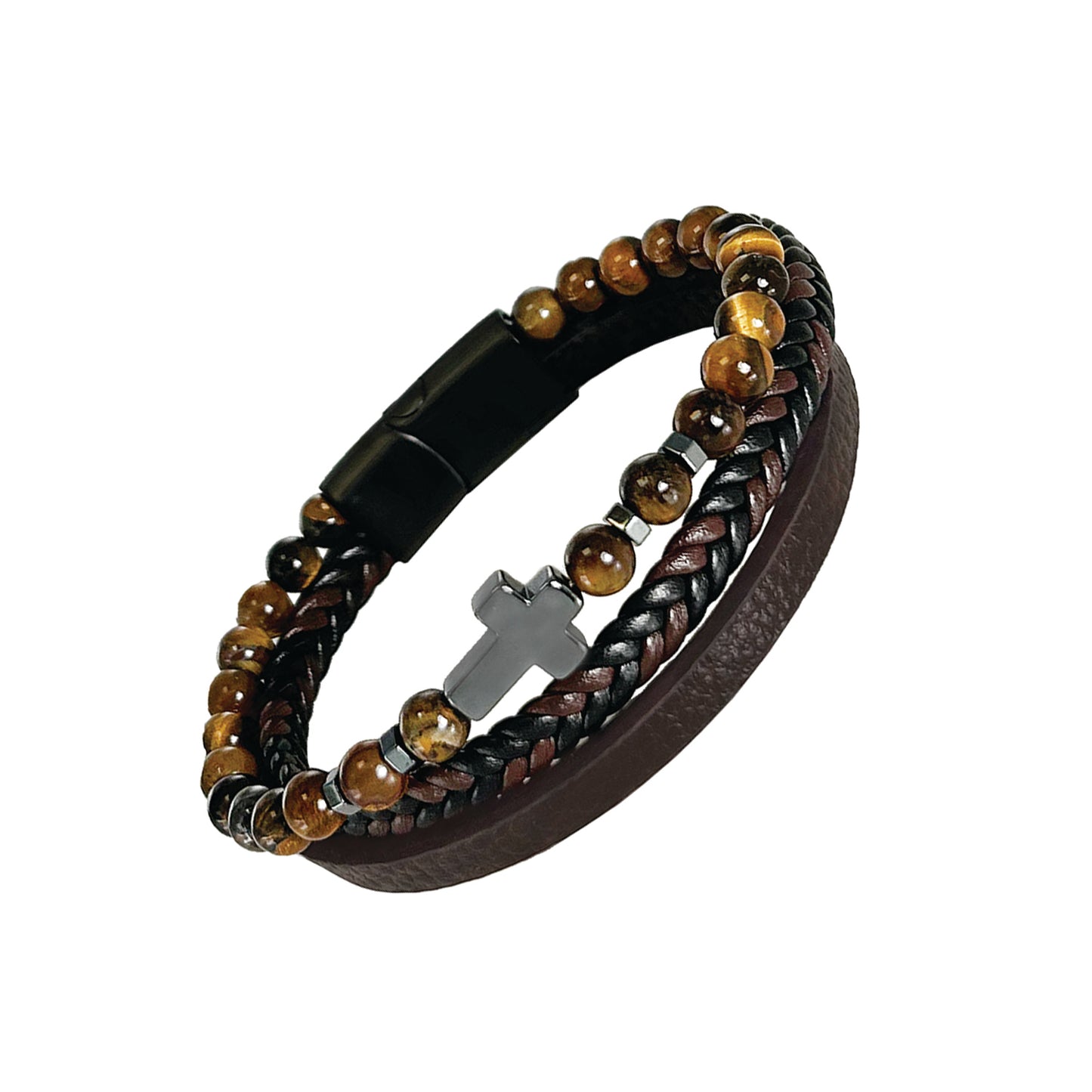 3 strand tiger eye leather cross bracelet